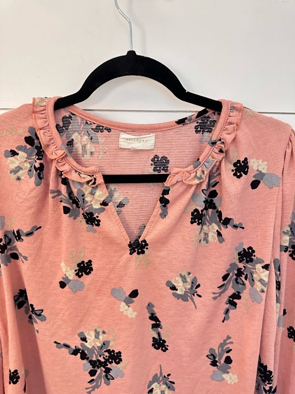 MELLODAY M peach floral ruffle V neck long sleeve blouse cottagecore shabby chic - Picture 7 of 12
